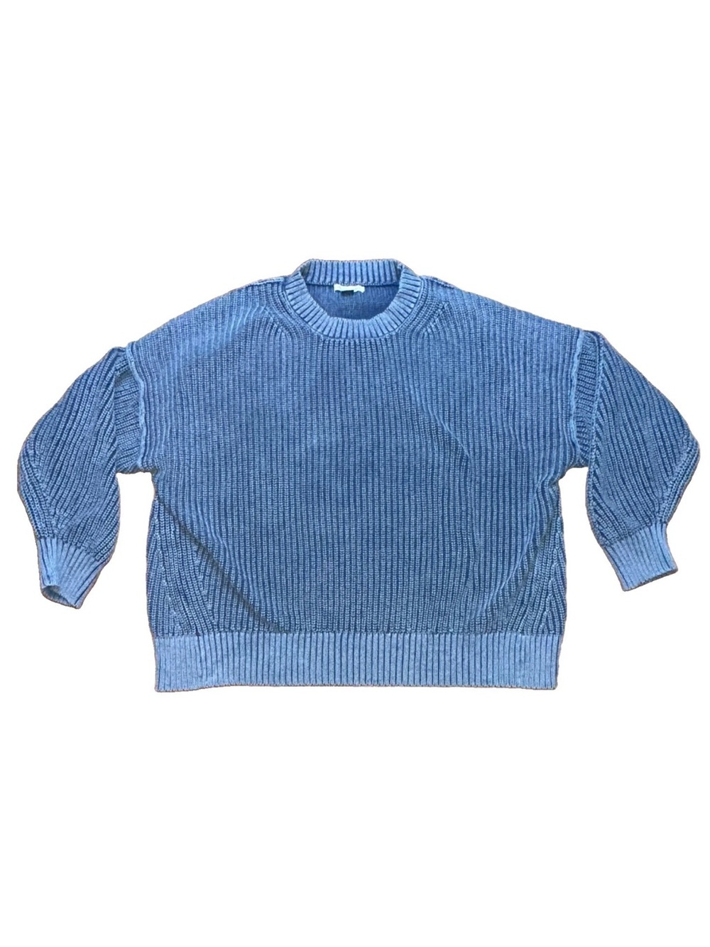 American Eagle Women’s Blue Solid Rib-Knit Cotton Crew Neck Pullover Sweater L